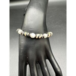 Sterling Silver 925 Batik Bone and Snow Quartz Boho Tribal Toggle Bracelet 8in